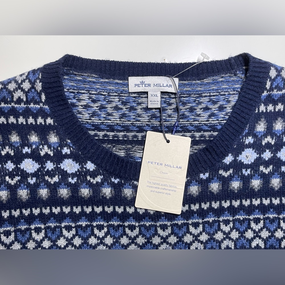 Peter Millar Men Bellows Sweater Navy Fair Isle Merino Blend Pullover XXL $248